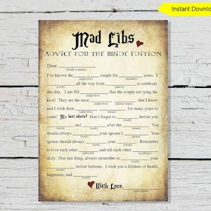 Bridal Mad Libs Game - INSTANT DOWNLOAD - bridal shower bachelorette party printable digital wizard halloween sign bride madlibs