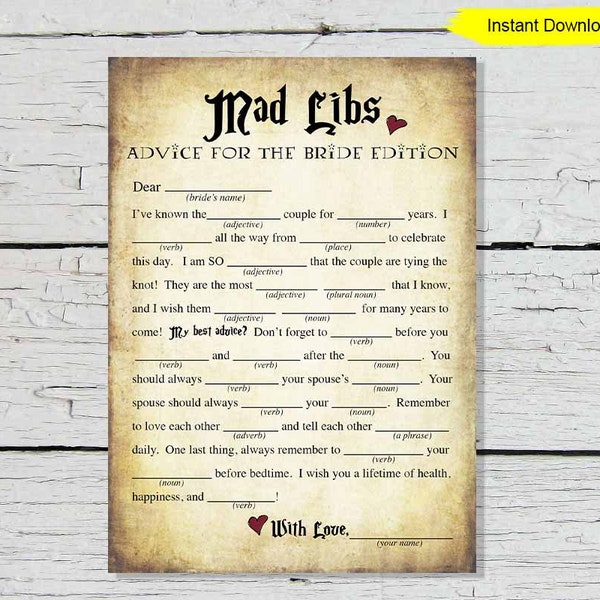 Bridal Mad Libs Game - INSTANT DOWNLOAD - bridal shower bachelorette party printable digital wizard halloween sign bride madlibs