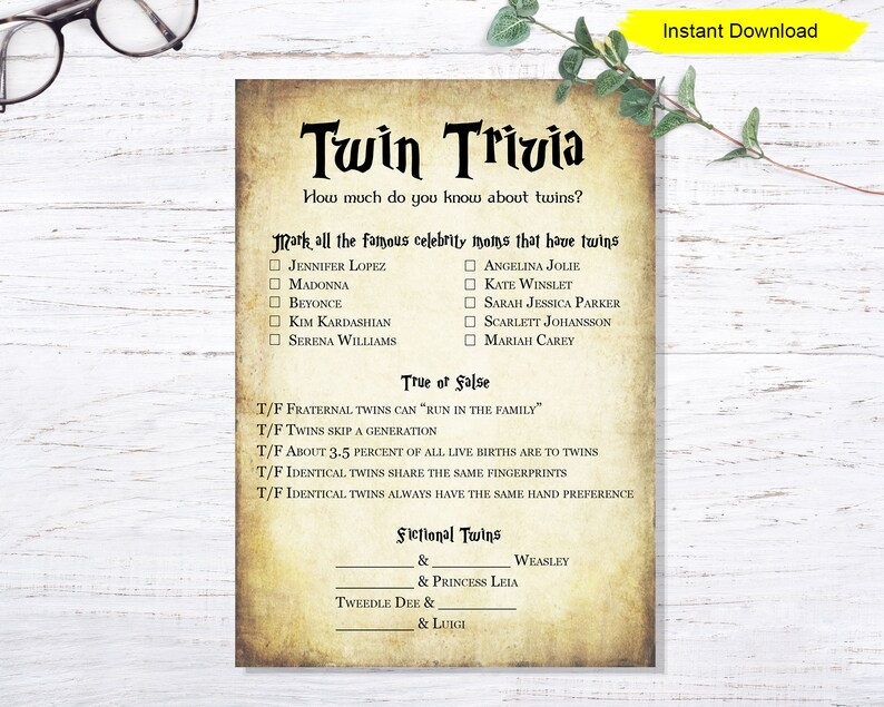 Twins Trivia Game INSTANT DOWNLOAD Baby Shower Digital Etsy
