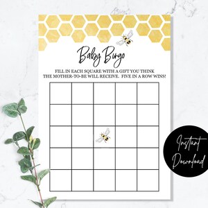 May include: A printable baby shower bingo card with a honeycomb pattern and bee illustrations. The text reads "Baby Bingo" and "Fill in each square with a gift you think the mother-to-be will receive. Five in a row wins!"
