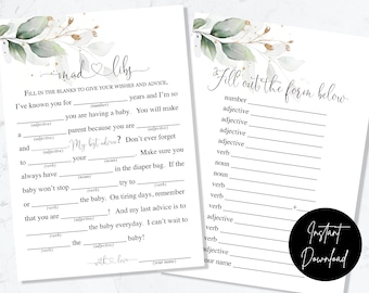 Greenery and Gold Leaves Baby Mad Libs Game - INSTANT DOWNLOAD - baby shower printable digital eucalyptus