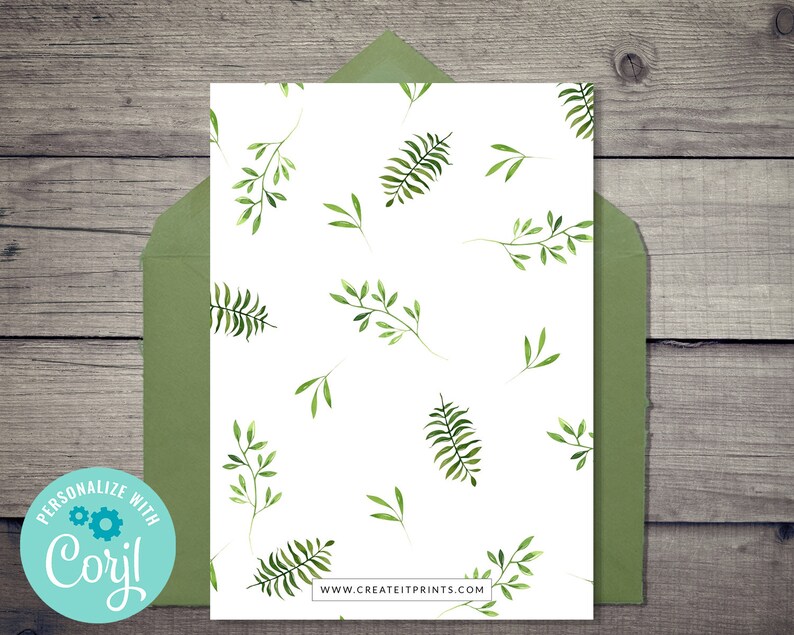 May include: A white card with a green leafy pattern. The card has the text "PERSONALIZE WITH Coryl" and "WWW.CREATEITPRINTS.COM" printed on it.