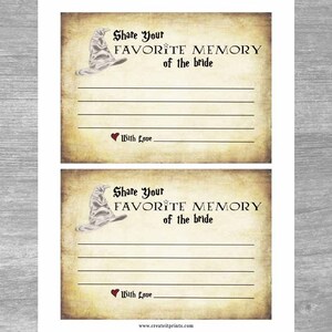 Peut inclure: Deux cartes imprimables avec un fond vintage repr&eacute;sentant un chapeau de sorcier et le texte "Share Your FAVORITE MEMORY of the bride" et "With Love".