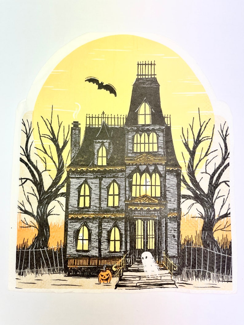May include: A black and white illustration of a spooky house with a ghost in front of it. The house has a yellow glow and a bat flying overhead. There is a jack-o-lantern on the steps.