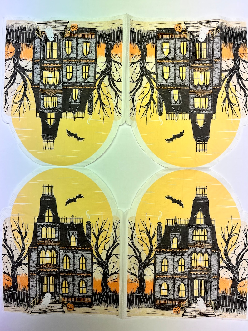 May include: Four illustrations of a spooky, dark gray Victorian house with yellow windows, a white ghost, and a jack-o-lantern on the porch. The house is surrounded by bare trees and a black fence. The background is a yellow sunset.