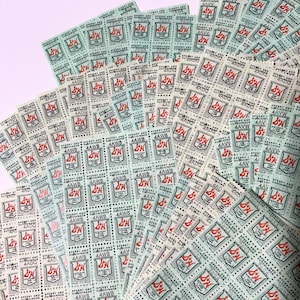 5 pełnych arkuszy znaczków S&H Trading, 25 znaczków na arkusz - Vintage Ephemera, Junk Journal Ephemera, Saver Stamps, Gummed Stamps, Grocery