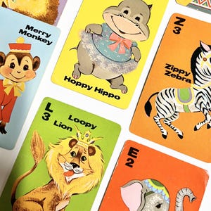 Juego de 7 cartas de rummy con animales vintage (década de 1960), juego de cartas Whitman, juego infantil, diario basura, cartas vintage, efímera vintage