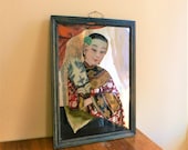 Antique Chinese Reverse glass painting Antique reverse painted Mirror 19thc Eglomise lady with fan