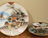 Vintage Japanese Kutani Tashiro Period Tea Cup Eggshell Porcelain Hand painted Gold Geisha Pagoda Trio Tea cup, saucer plate