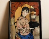 Antique Chinese Reverse glass painting Antique reverse painted Mirror 19thc Eglomise lady in blush pink top rare