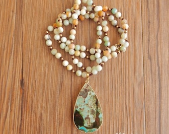 Long necklace with large drop of ocean jasper and Amazonite stones