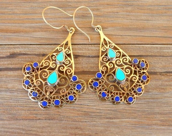 Maxi Tibetan earrings in brass filigree decorated with lapis lazuli and turquoise