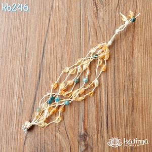 Multi-strand boho bracelet with citrine quartz and apatite stones, woven on natural hemp threads