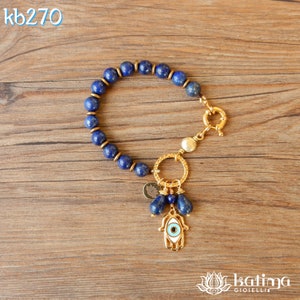 Lapis Lazuli Bracelet with Hamsa Hand and Evil Eye Charm
