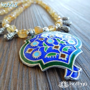 Multan Enamel Silver Pendant Choker Necklace with Citrine Quartz Stones