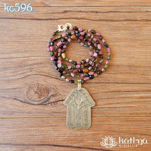 Ethnic necklace with Hand of Fatima and multicolored tourmaline stones