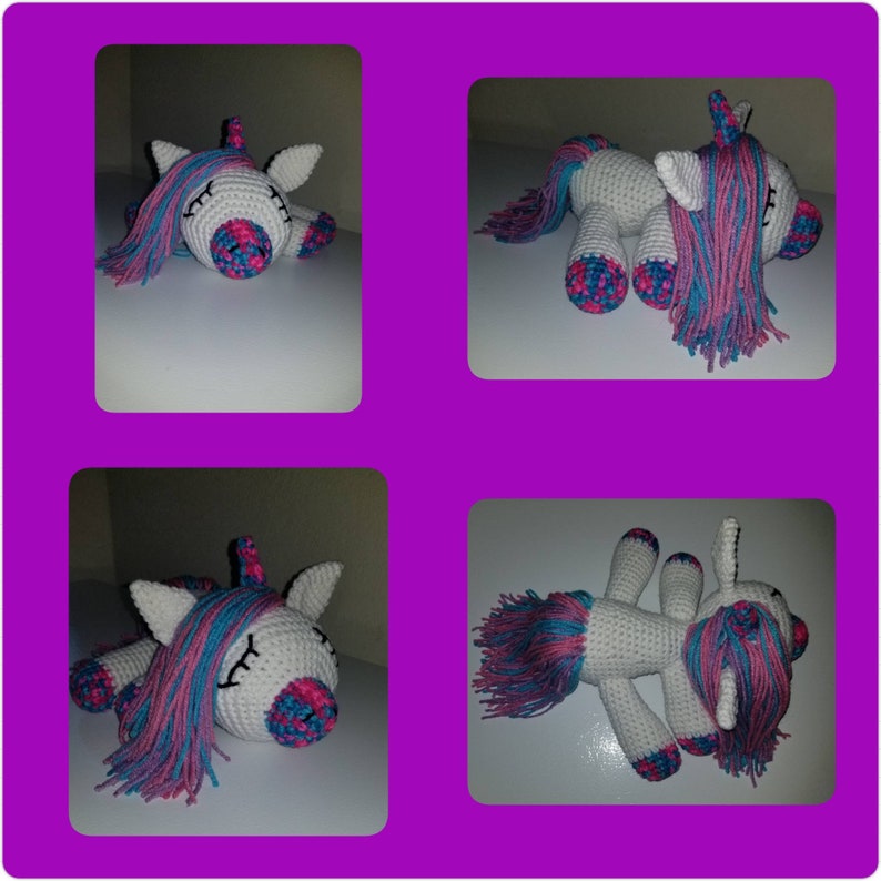 Sleeping crochet unicorn plush lavender snout