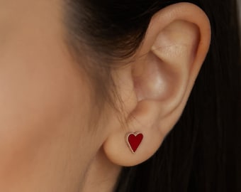 Red Heart Silver Stud Earrings – Minimalist Jewelry for Women or Daughter, Tiny Heart Jewelry, Red Silver Heart Earrings for Wife
