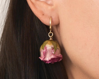 Handmade Rose Earrings, Real Dried Rose Earrings as a Nature Inspired Jewelry, Rosebud Earrings for Her, Rose Drop Earrings Flower Earrings
