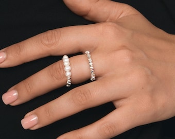 Handmade  Silver Beaded Statement Ring, Pearl Inspired Band, Modern Bubble Ring