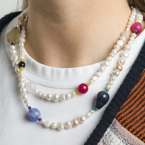 Mixed Statement Gemstone Pearl Necklace, Mixed Quartz and Agates Gemstone Necklace, Large Pearl Beaded Necklace, Colorful Necklace Jewelry