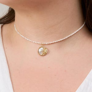 Natural Freshwater Pearl Choker Necklace, Small Pearl Necklace with Gold Sun, Dainty Tiny Pearl Choker, Everyday Delicate Necklace for Her