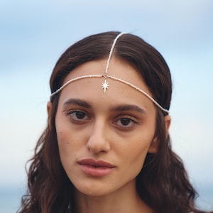 Boho Silver Head Chain for Bridal, Hair Jewelry Star with Freshwater Pearl, Head Chain Tiara for Bridesmaid, Wedding Accessory for Hair
