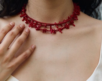 Natural Red Coral Choker, Vintage Handmade Ukrainian Jewelry