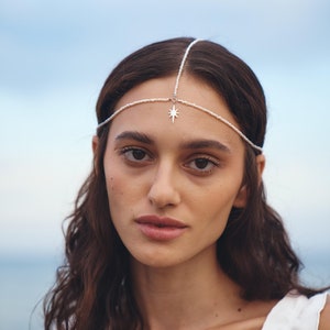 Head Jewelry with Silver Star Charm, Freshwater Pearl Head Tiara, Dainty Bohemian Head Chain, Celestial Bridal Headpiece, Pearl Head Chain