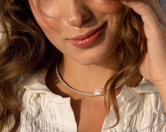 Silver Choker with Pearls, 925 Silver Irregular Pearl Necklace, Silver Choker Featuring a Big Pearl, Big Pearl Necklace, Bridal Choker