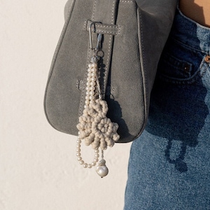 Handmade Natural Pearl Keychain, Beaded Macrame Bag Charm