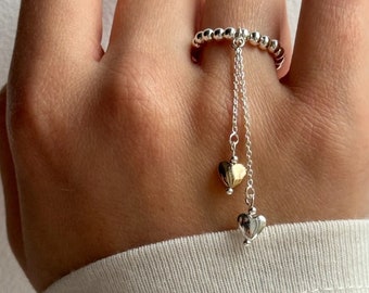 Anello pendente a forma di cuore in argento sterling, anello regolabile con perline
