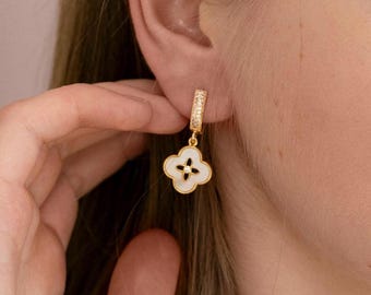 18k Gold Plated Clover Dangle Earrings, Mother of Pearl