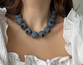 Handmade Blueberry Jewelry Set, Polymer Clay Berry Necklace and Bracelet, Cottagecore Gift for Her