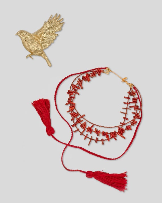 Natural Coral Necklace and Bird Earrings Set, Ukrainian Ethnic Jewelry