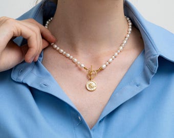 Freshwater Pearl Necklace with Gold Sun Pendant, Celestial Starburst Charm, Toggle Clasp Pearl Choker