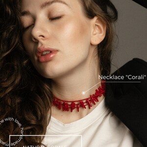 May include: A red coral necklace with a natural coral design. The necklace is handmade and features a tassel design. The necklace is for women.