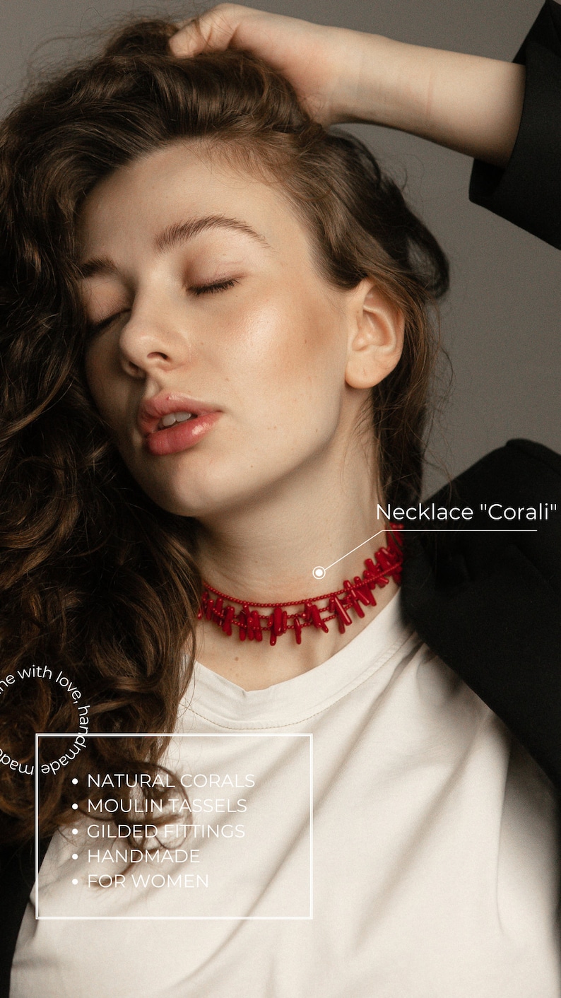 May include: A red coral necklace with a natural coral design. The necklace is handmade and features a tassel design. The necklace is for women.