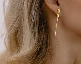Vergoldeter Weizen Ohrring, Handgemachter Weizen Schmuck als Geschenk für die Frau, Weizen Charm Mono Ohrring, Goldene Mono Ohrringe als Hochzeitsgeschenk