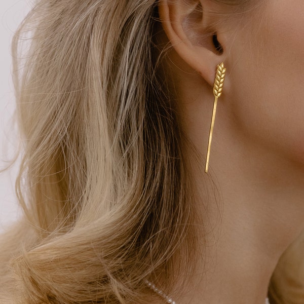 Gold Plated Wheat Earring, Handmade Asymmetrical Jewelry