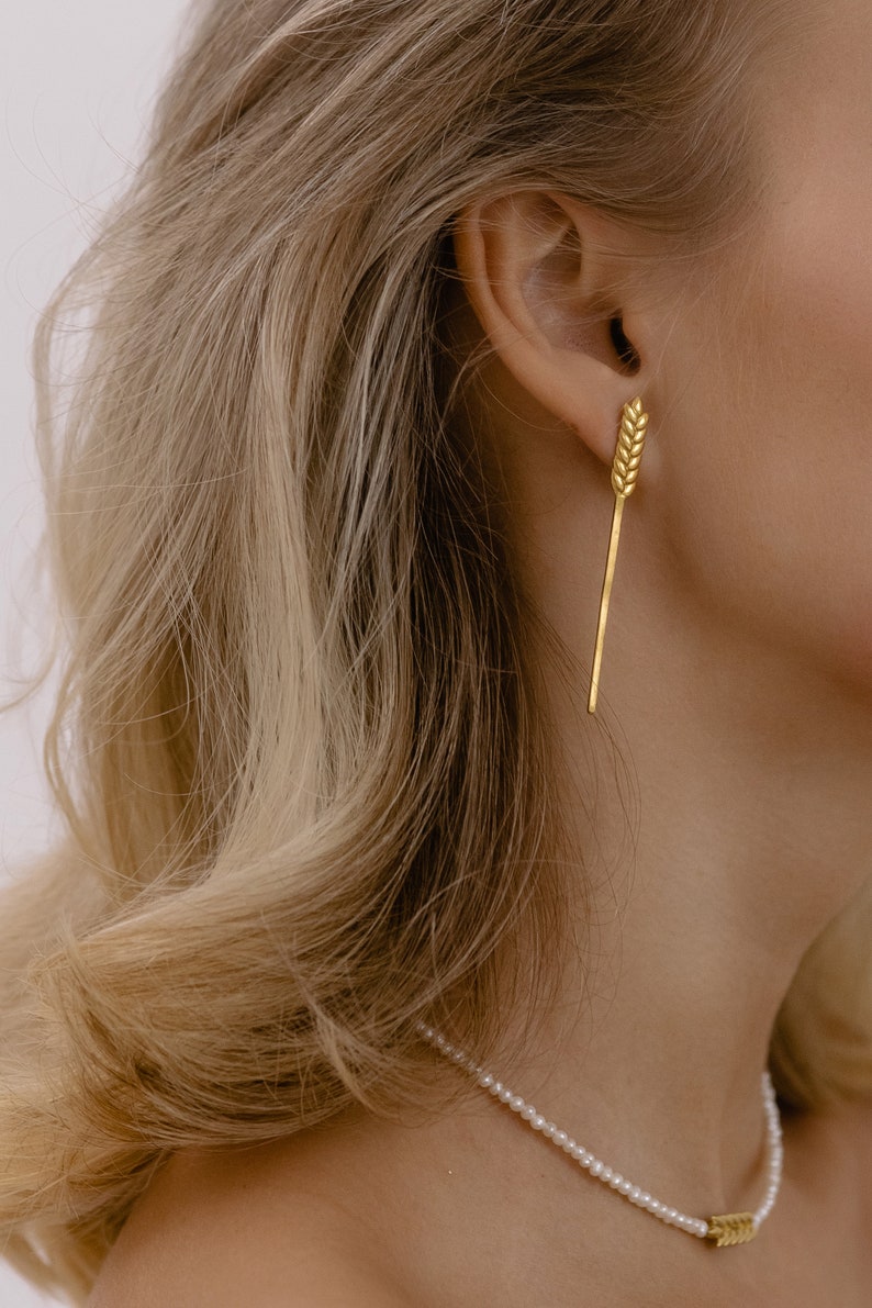 Gold earrings, wheat earrings, handmade jewelry earrings, dainty earrings set, sensitive dainty set, Ukrainian jewelry image 1