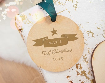 Primer adorno navideño personalizado del bebé, decoraciones personalizadas del primer árbol de Navidad, adorno único de madera grabado para nuevos padres del bebé