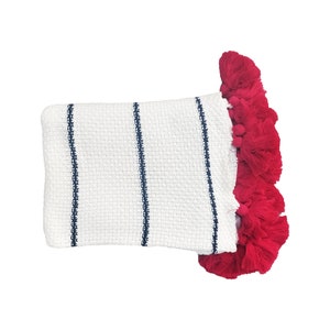 Chunky knitted throw - Combed Cotton - Ivory/Red-pink tassels - Stylish - Couch blanket - Beach Blanket