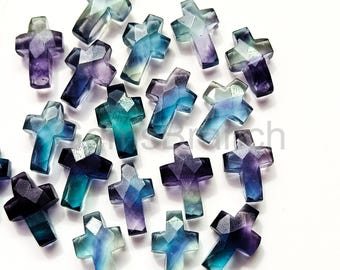 Multi Fluorite Cross Shape Gemstone, Hand Carved Cross Beads for Jewelry Making, Holy Cross Pendant Charm, Healing Crystal Carving 15x10mm