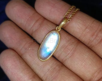Natuurlijke regenboog maansteen ketting, 14K massief gouden maansteen hanger, geelgouden ketting hanger, kerstcadeau, blauwe maansteen sieraden