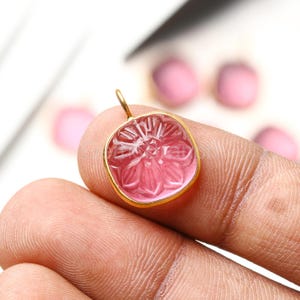 Pink Tourmaline Quartz Carved Flower Sterling Silver Pendant, Carved Gemstone Charm, Gold Vermeil Gemstone Pendant Healing Crystal Pendant