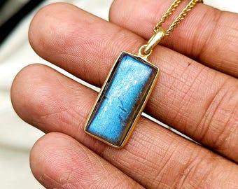 Labradorite Rectangle Pendant, 14K Solid Gold Labradorite Pendant Necklace, November Birthstone, Solid Gold Bezel Pendant, Anniversary Gift