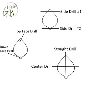 May include: Diagram of a teardrop-shaped object with various drill locations labeled: Top Face Drill, Down Face Drill, Side Drill #1, Side Drill #2, Straight Drill, and Center Drill. A logo with the letters "GB" and floral elements is in the upper left corner.