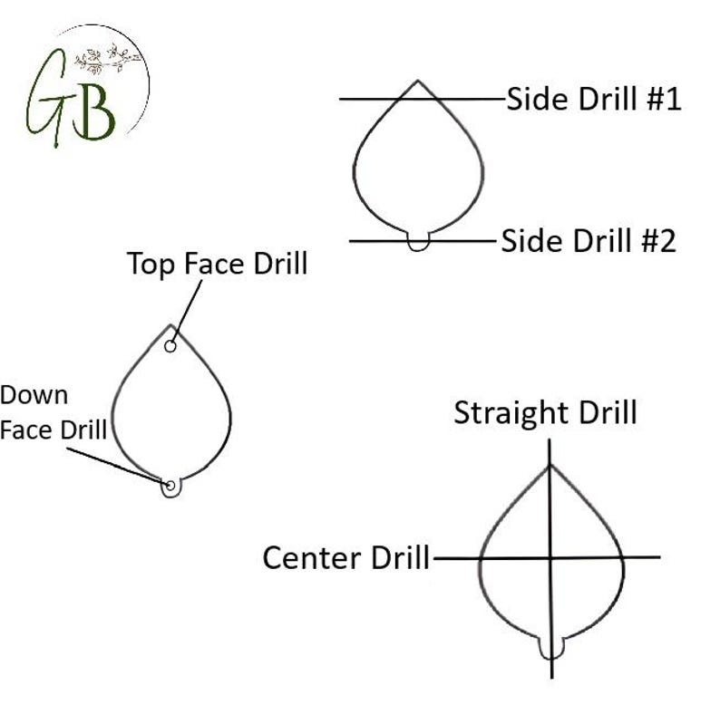 May include: Diagram of a teardrop-shaped object with various drill locations labeled: Top Face Drill, Down Face Drill, Side Drill #1, Side Drill #2, Straight Drill, and Center Drill. A logo with the letters "GB" and floral elements is in the upper left corner.