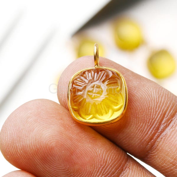 AAAA Citrine Carved Flower Sterling Silver Pendant, Carved Gemstone Flower Charm, Gold Vermeil Gemstone Pendant Healing Crystal Pendant